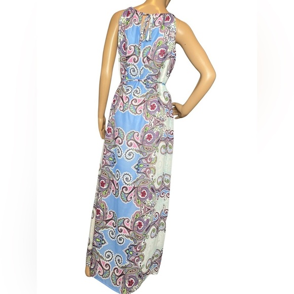 London Times Halter Printed Floral Boho maxi Key Hold dress with tie belt Size 4 - Picture 12 of 14